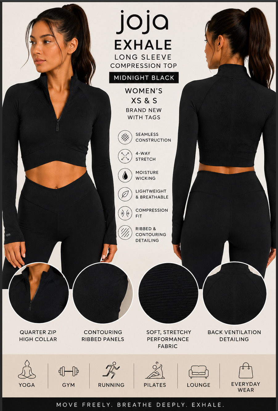 Joja Exhale Long Sleeve Cropped Midnight Black Top - XS NWT